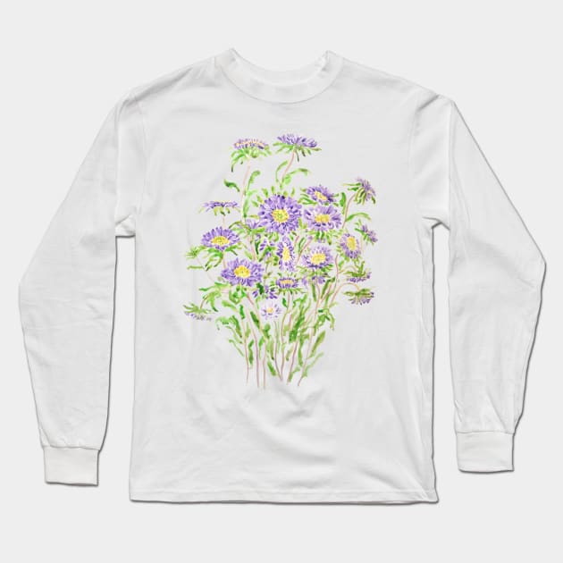 purple aster flowers watercolor Long Sleeve T-Shirt by colorandcolor